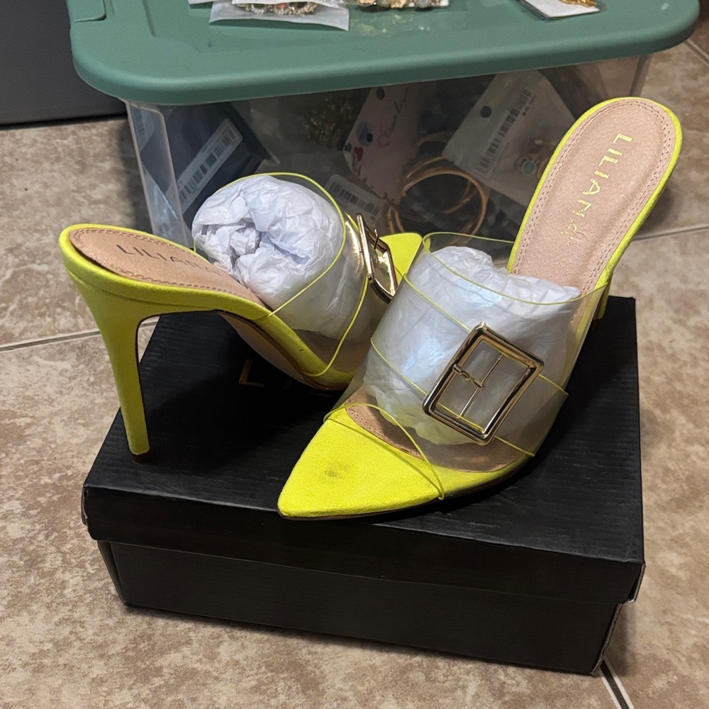 Liliana Neon Yellow Heels with Gold Buckle
